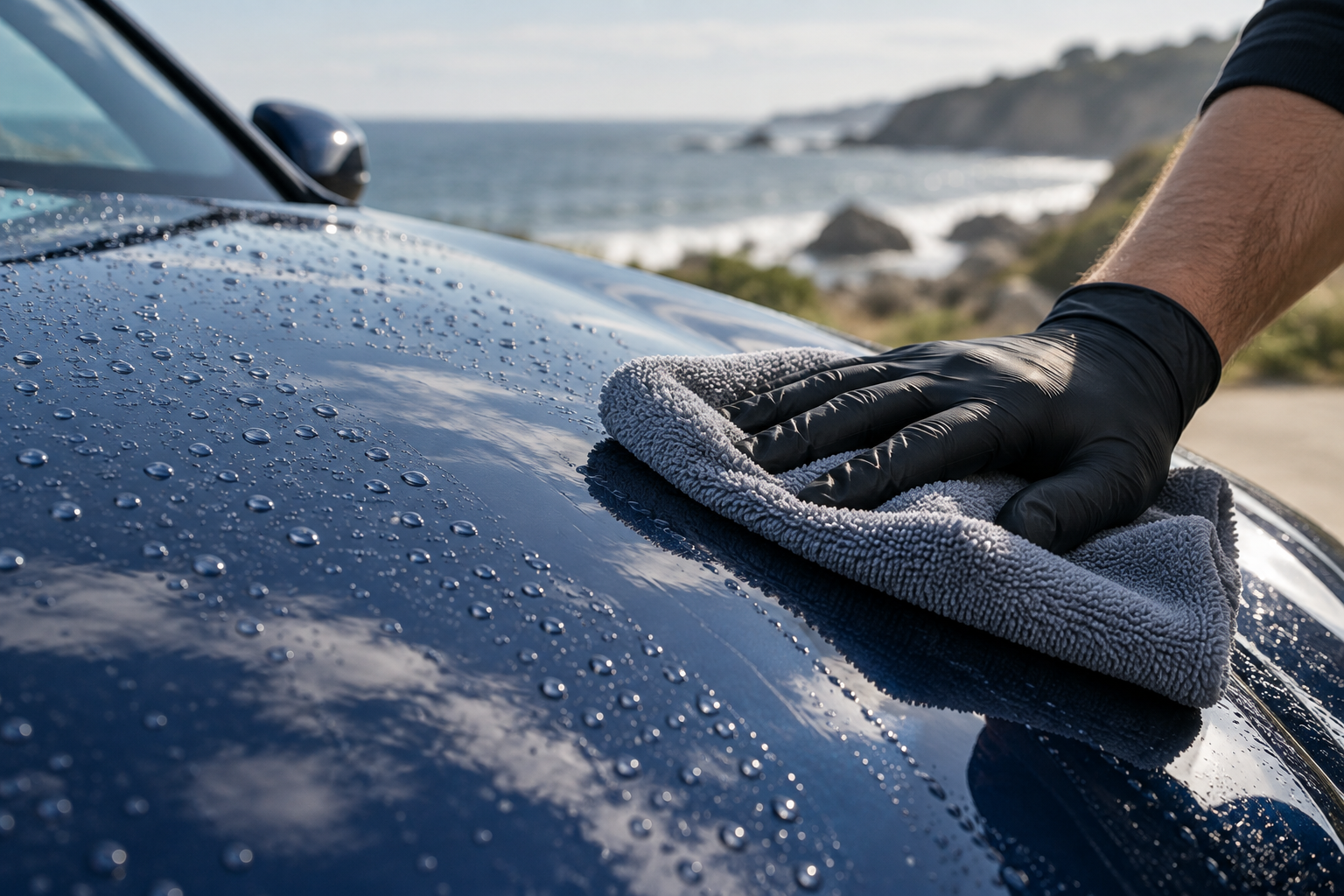 Illustrative gloved hand detailing a navy car by the coast