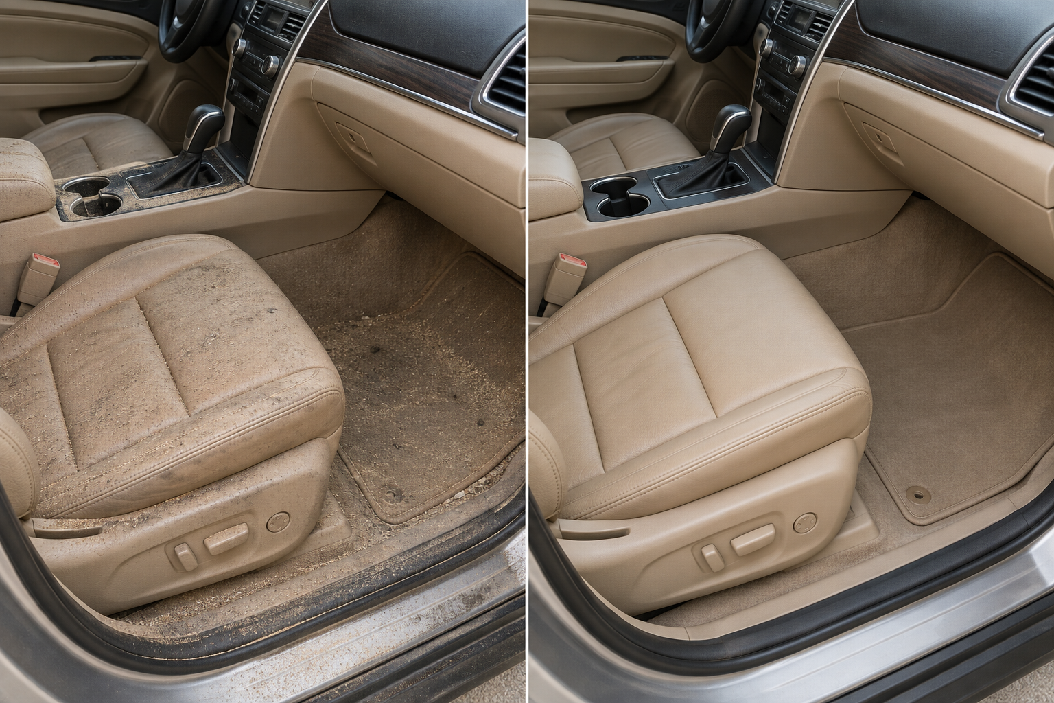 AI illustrative comparison: sandy tan vehicle interior on the left, clean interior on the right